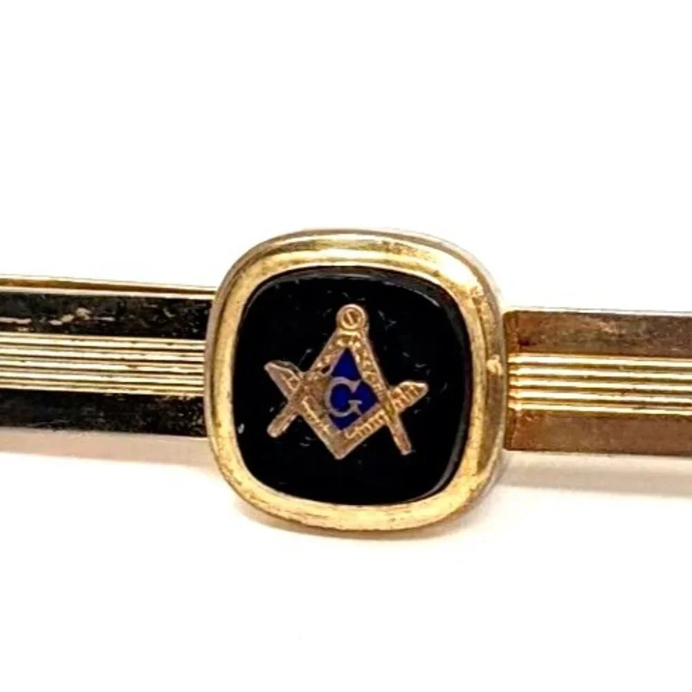 Vintage Freemason G Compass Square Money Tie clip Gold Tone Black Blue enamel